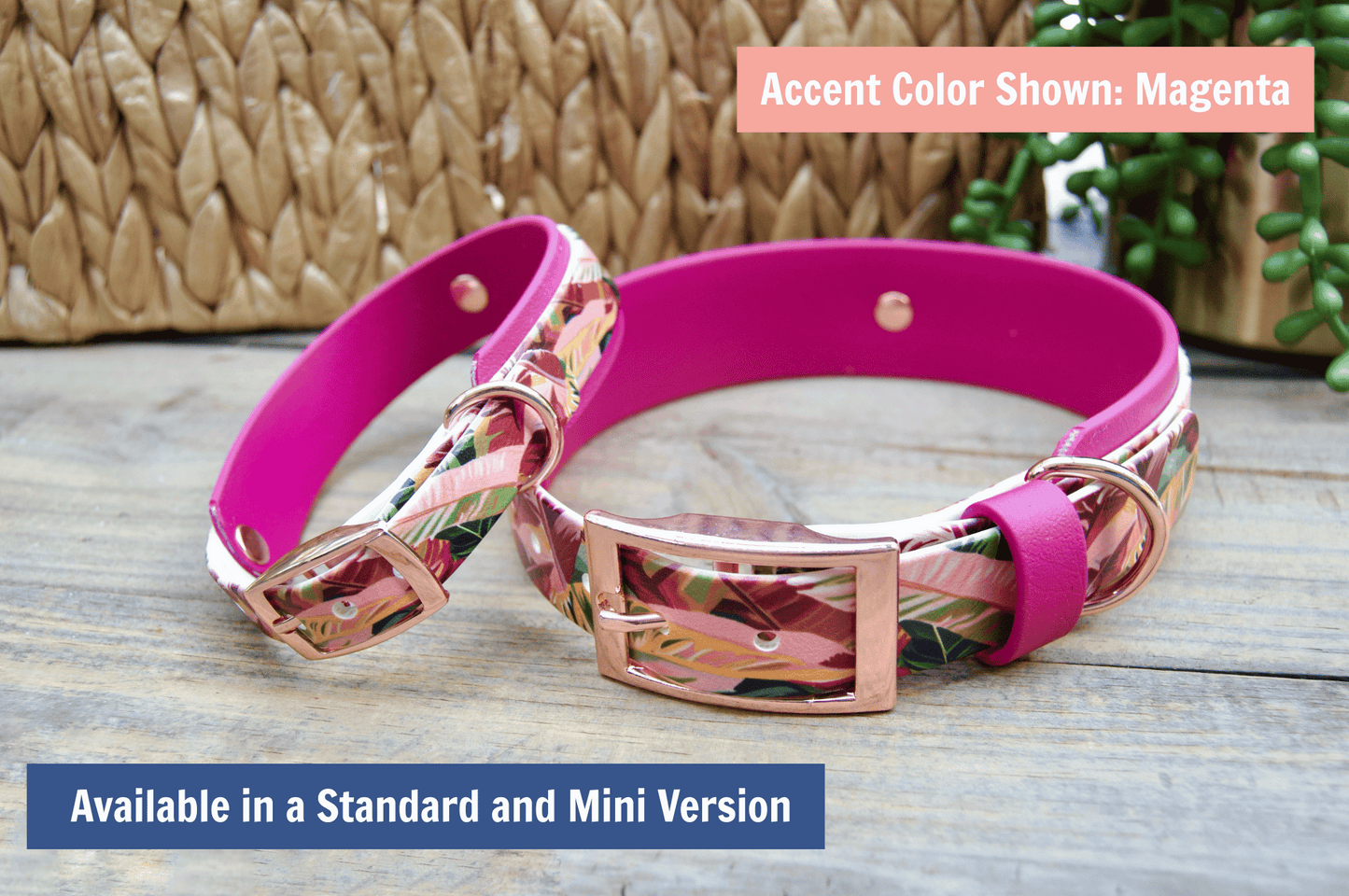 Pink Leaves: Mini Printed Double Layer Biothane Dog Collar