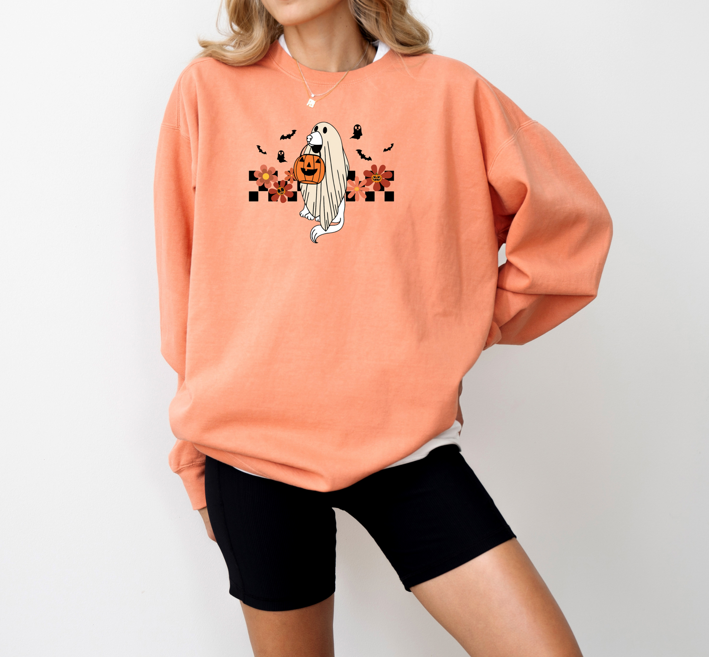 Checkered Ghost Dog Halloween Crewneck Sweatshirt