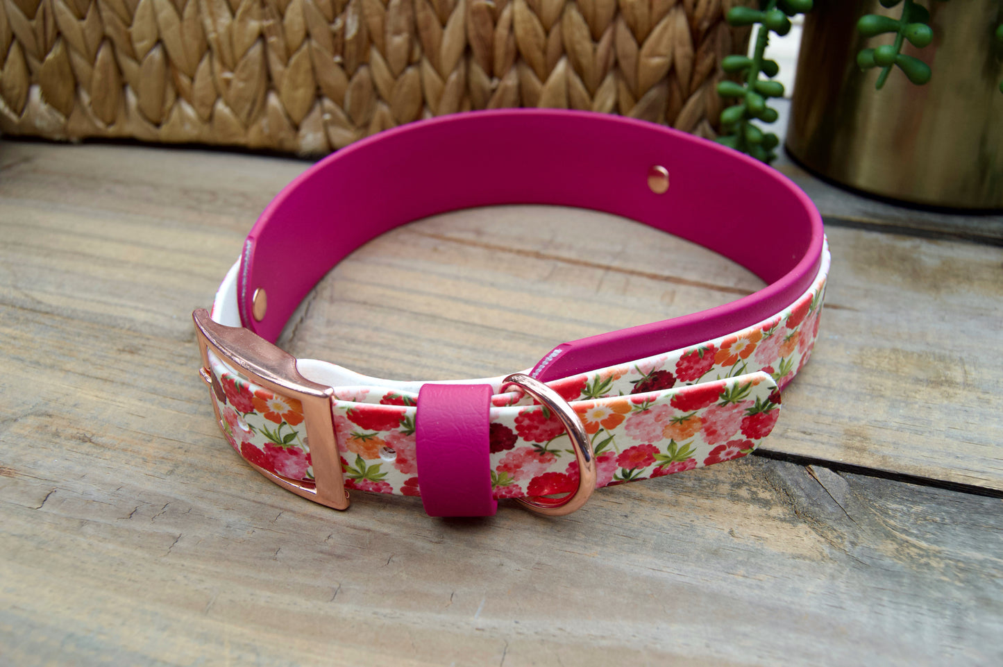 RTS XLarge 19-22 INCH Raspberries and Magenta Printed Double Layer Biothane Dog Collar