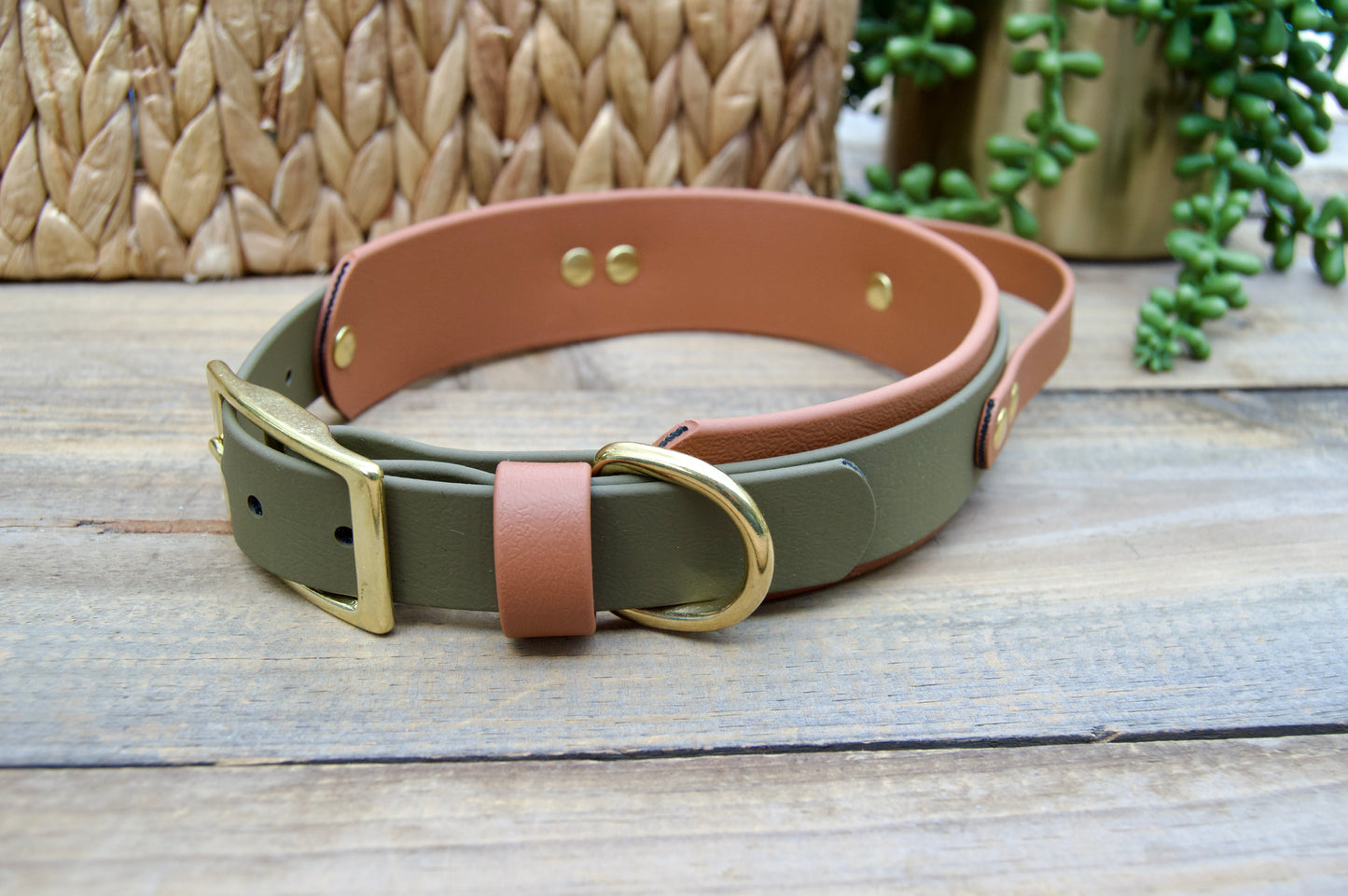 RTS 16.5-19.5 INCH Olive Green and Caramel Sport Handle Biothane Dog Collar