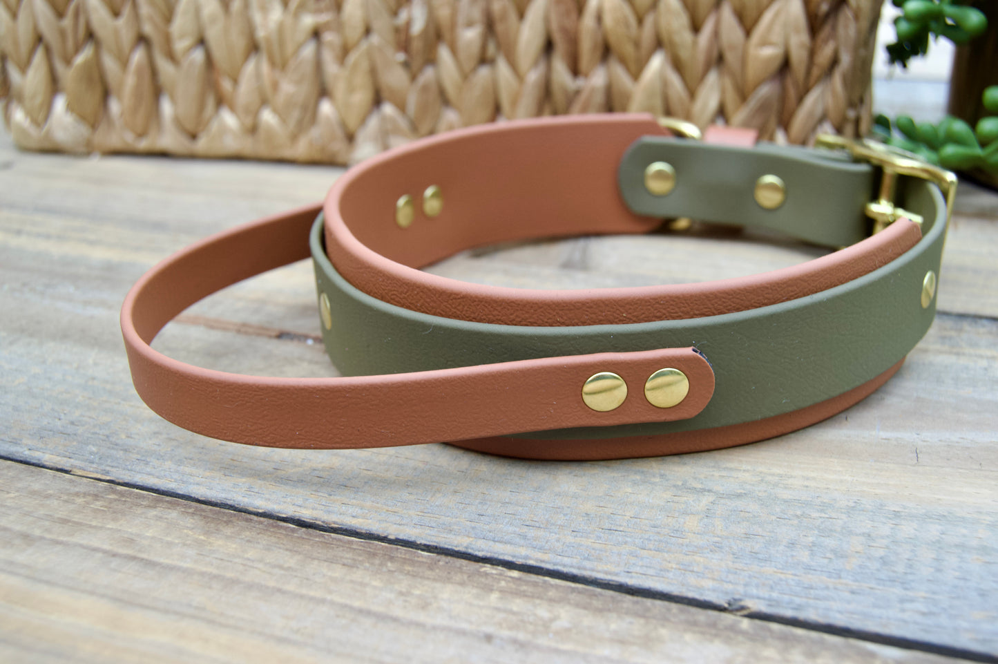 RTS 16.5-19.5 INCH Olive Green and Caramel Sport Handle Biothane Dog Collar
