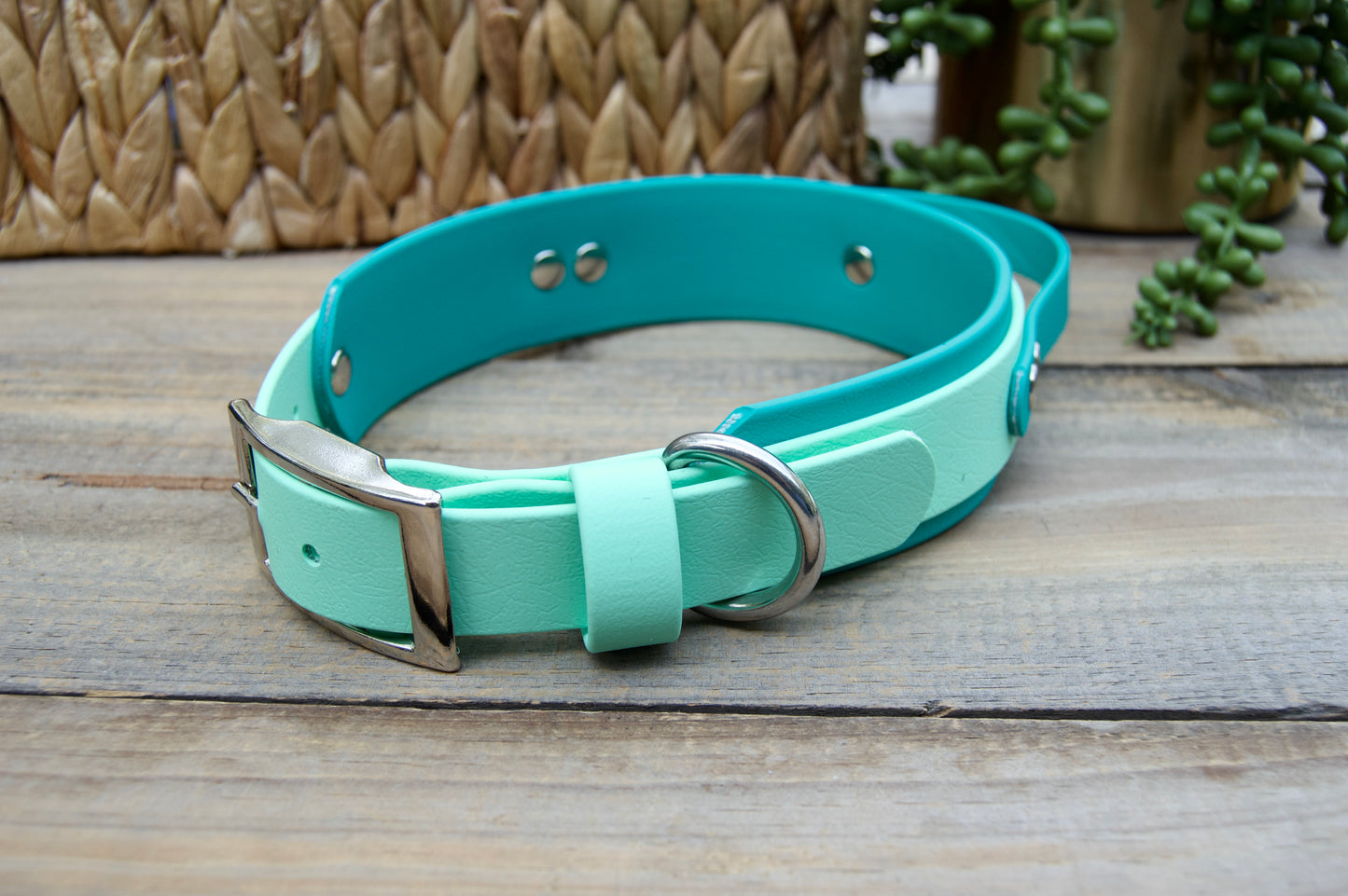 RTS 16-19 INCH Teal and Mint Green Sport Handle Biothane Dog Collar