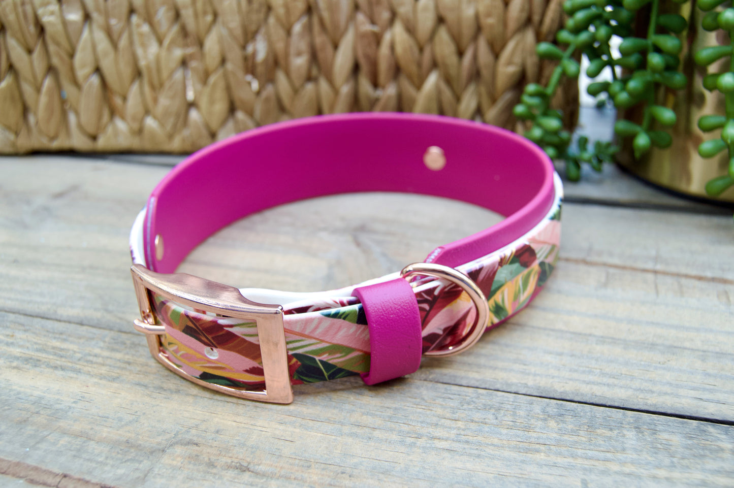 Pink Leaves: Printed Double Layer Biothane Dog Collar