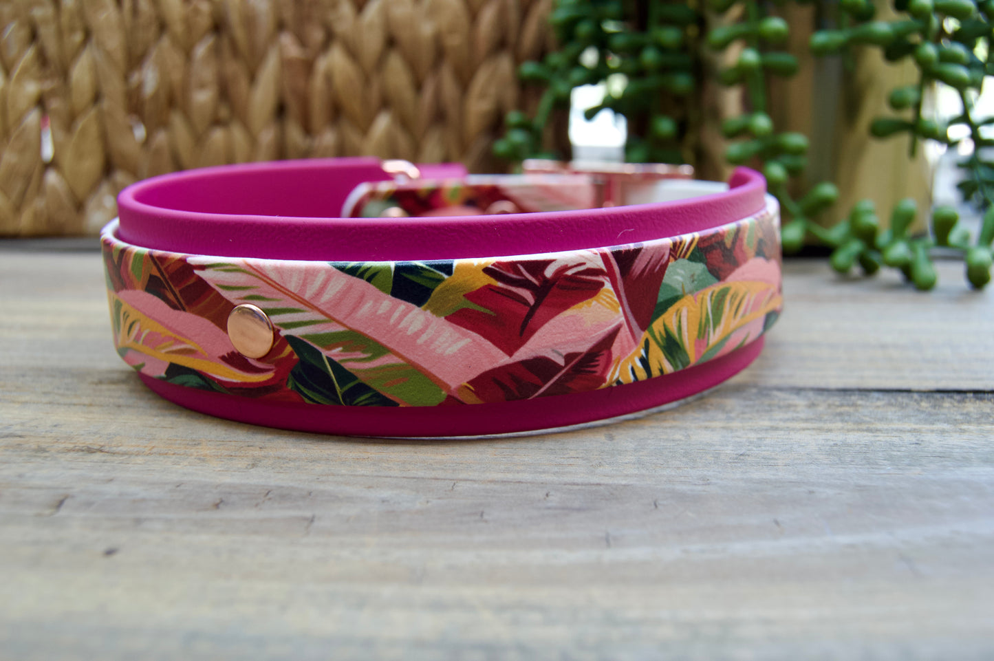 Pink Leaves: Printed Double Layer Biothane Dog Collar