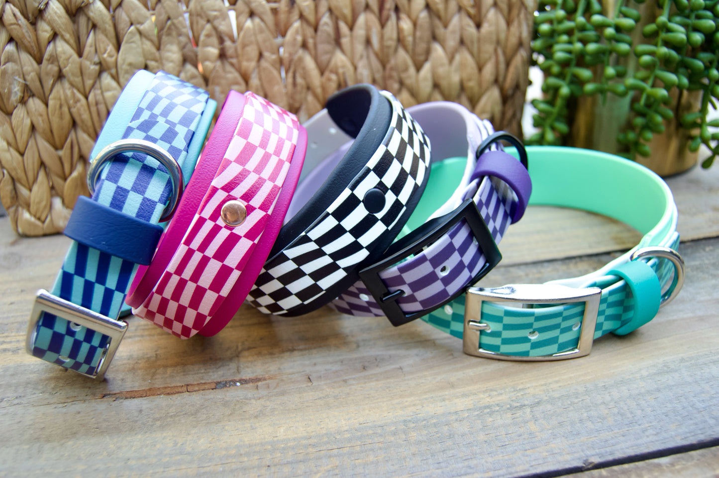 Closeout: Black and White Wavy Checker Printed Double Layer Biothane Dog Collar