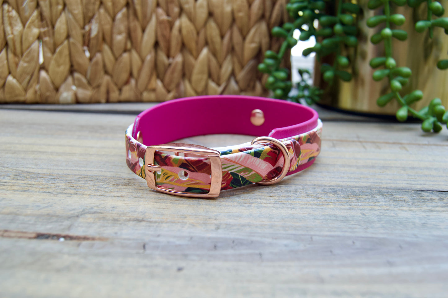 Pink Leaves: Mini Printed Double Layer Biothane Dog Collar