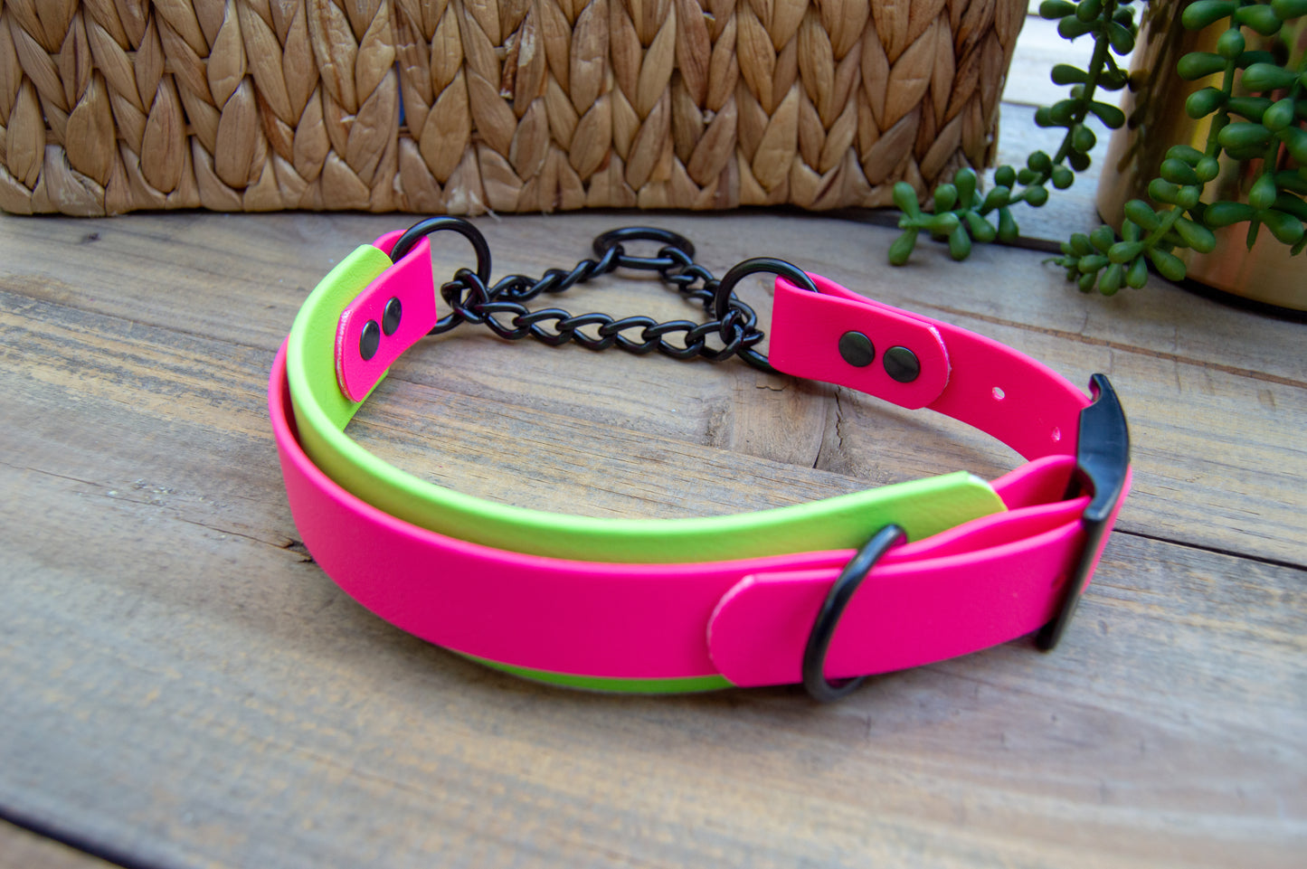 RTS: 18-21 Inches Raspberry and Lime Adjustable Chain Martingale Biothane Dog Collar