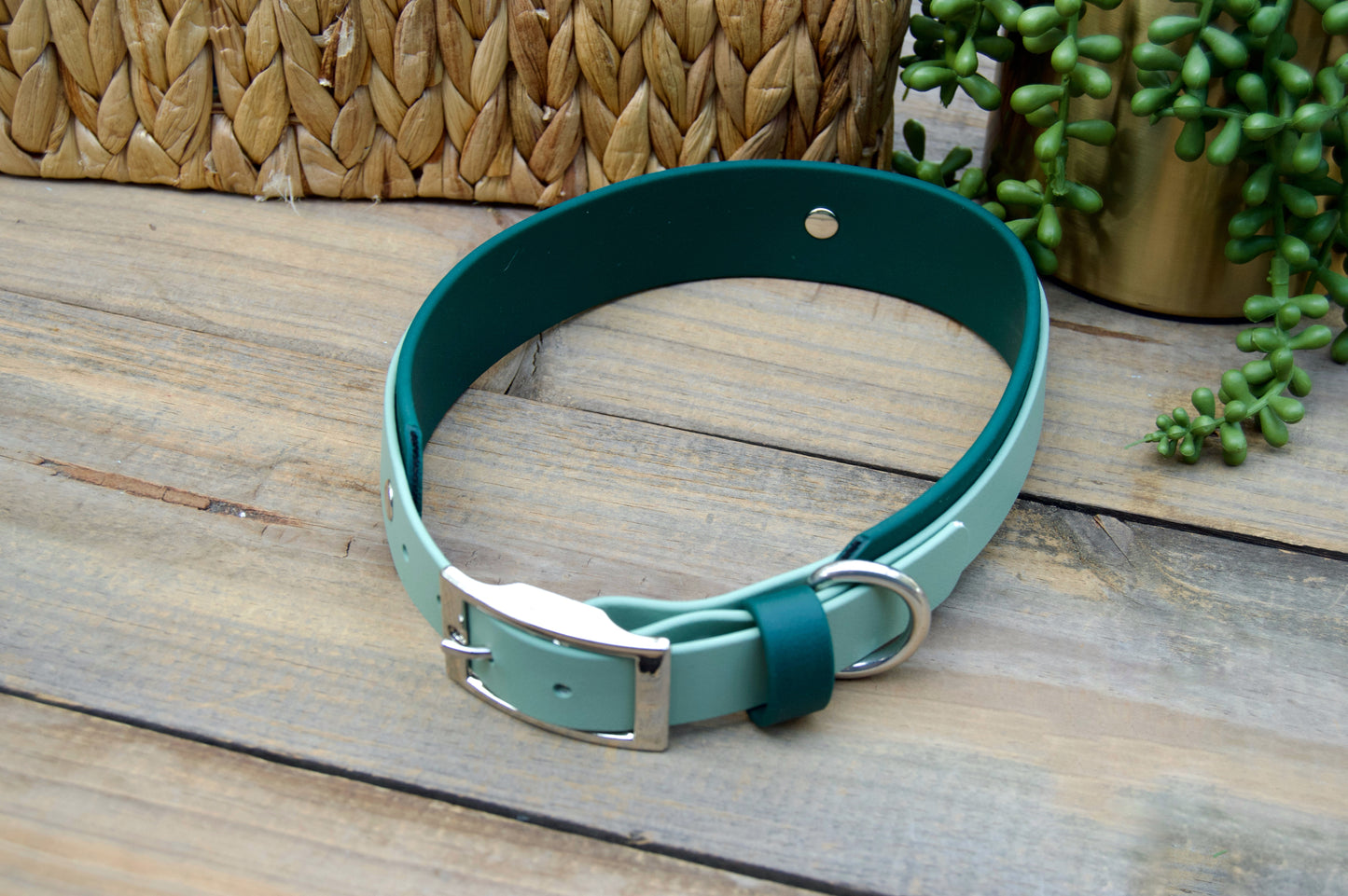 RTS 19-22 INCH Sage Green and Emerald Green Double Layer Biothane Dog Collar