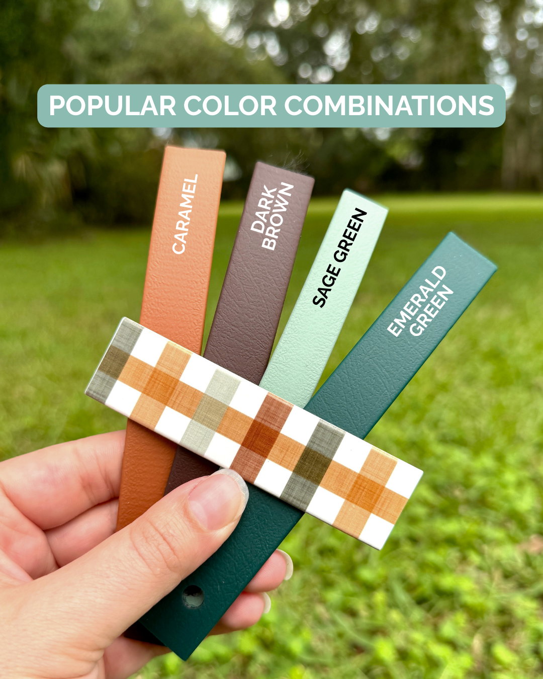 Color swatches labeled 'Caramel', 'Dark Brown', 'Sage Green', and 'Emerald Green' held by a hand with a blurred green outdoor background.