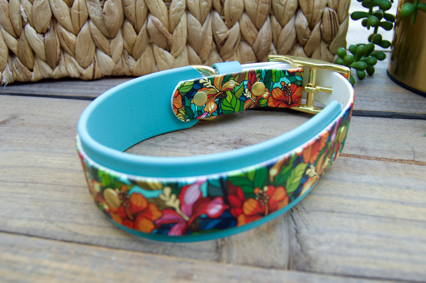 Stained Glass Hibiscus: Printed Double Layer Biothane Dog Collar