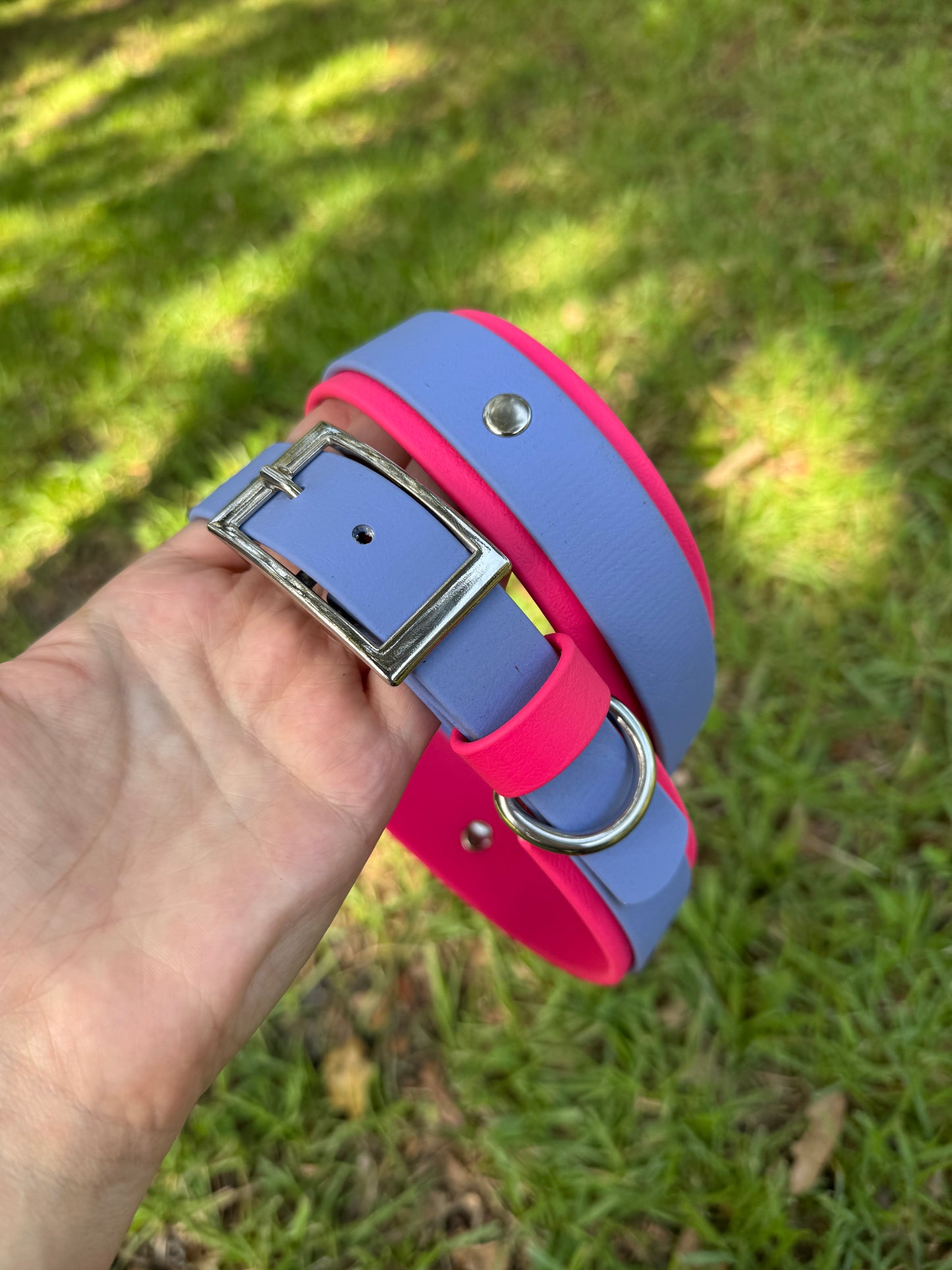 RTS *FLAWED* Periwinkle and Raspberry Double Layer Biothane Dog Collar