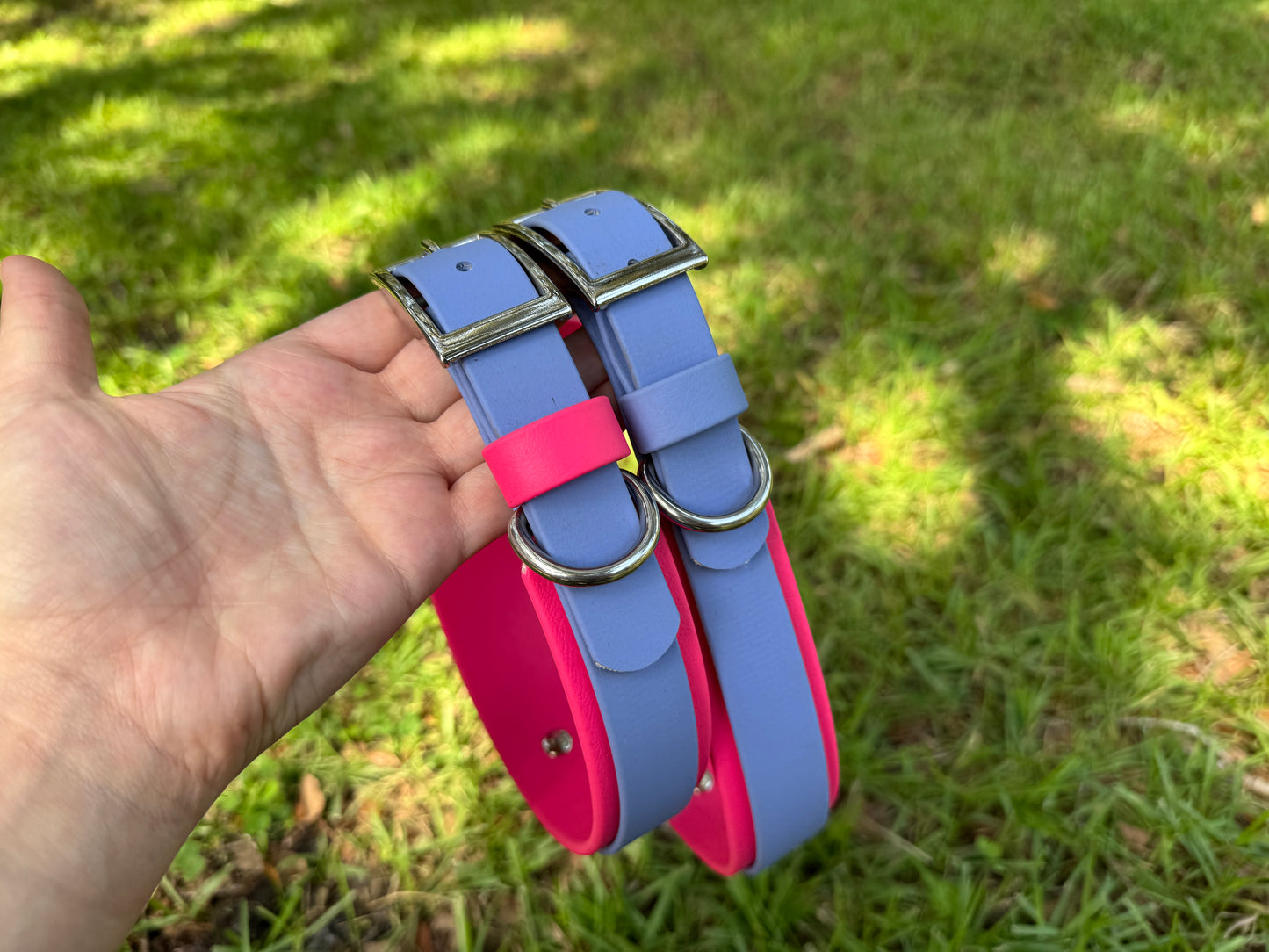 RTS *FLAWED* Periwinkle and Raspberry Double Layer Biothane Dog Collar