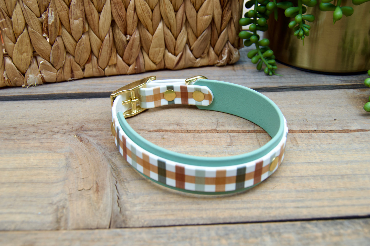 Plaid patterned dog collar with gold hardware on a wooden surface