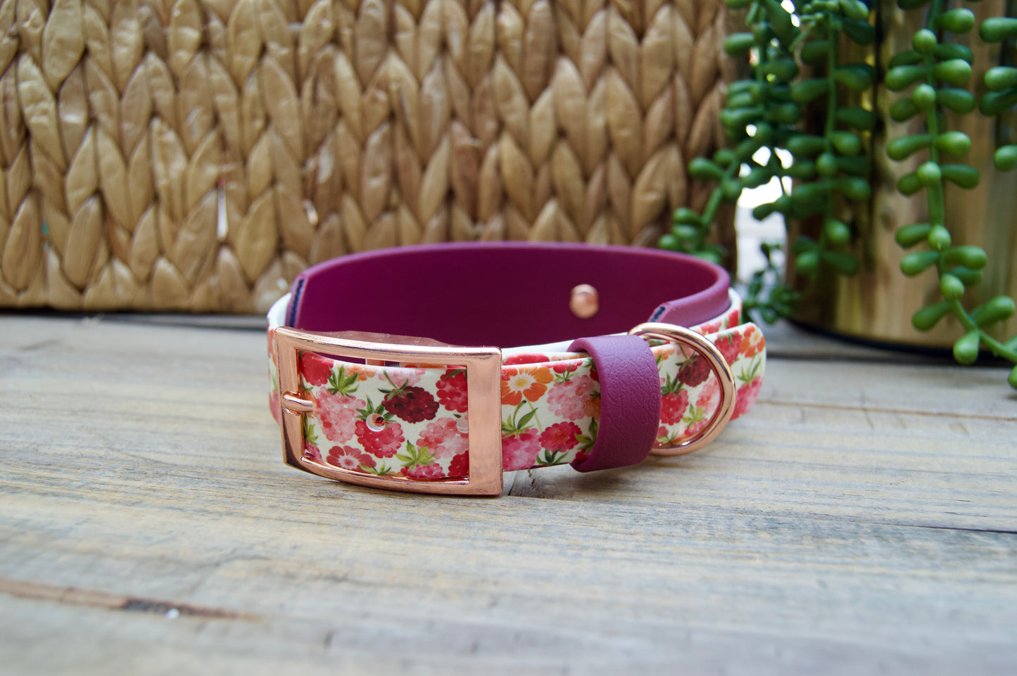 raspberries patterned dog collar with burgundy accents on a wooden surface.