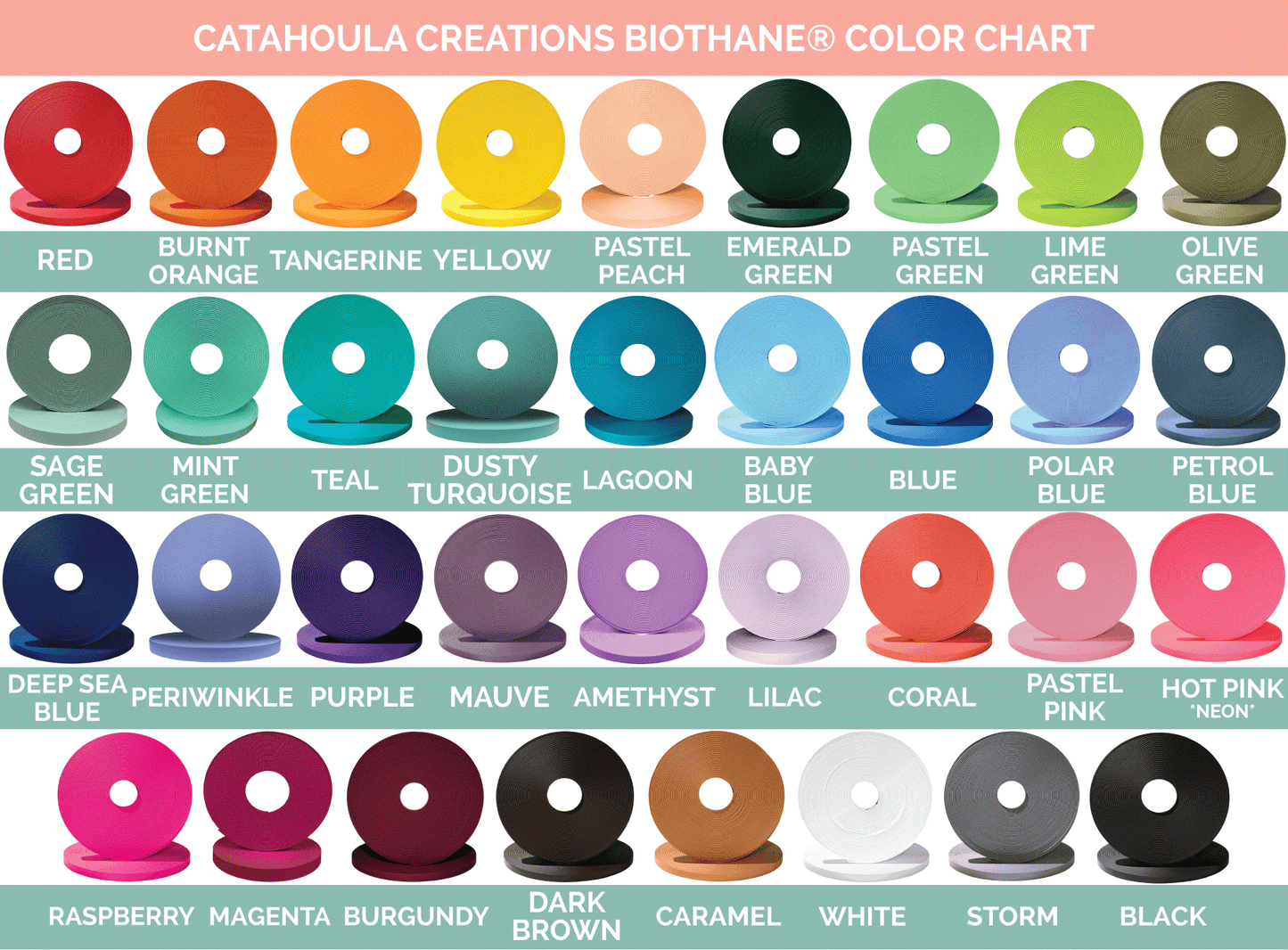 Catahoula Creations Biothane color chart with various color swatches.