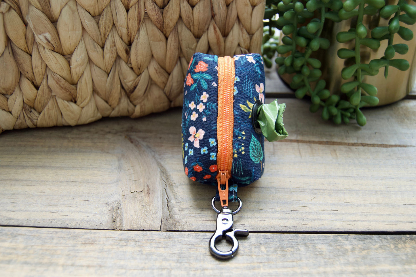 WILLOW: Navy and Orange Floral Dog Poop Bag Holder