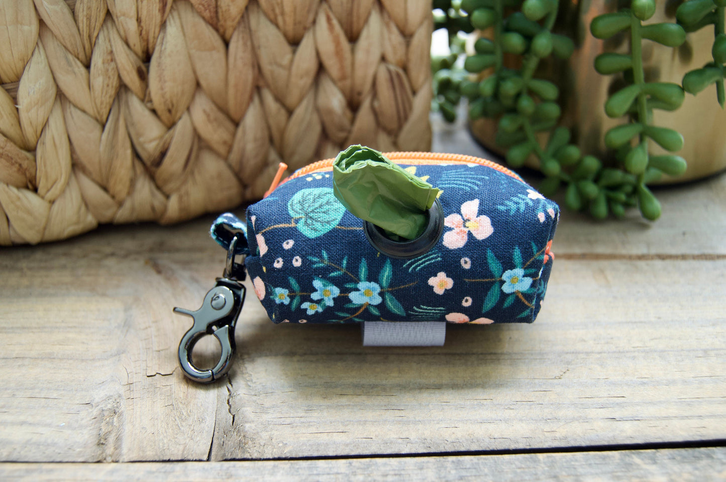 WILLOW: Navy and Orange Floral Dog Poop Bag Holder