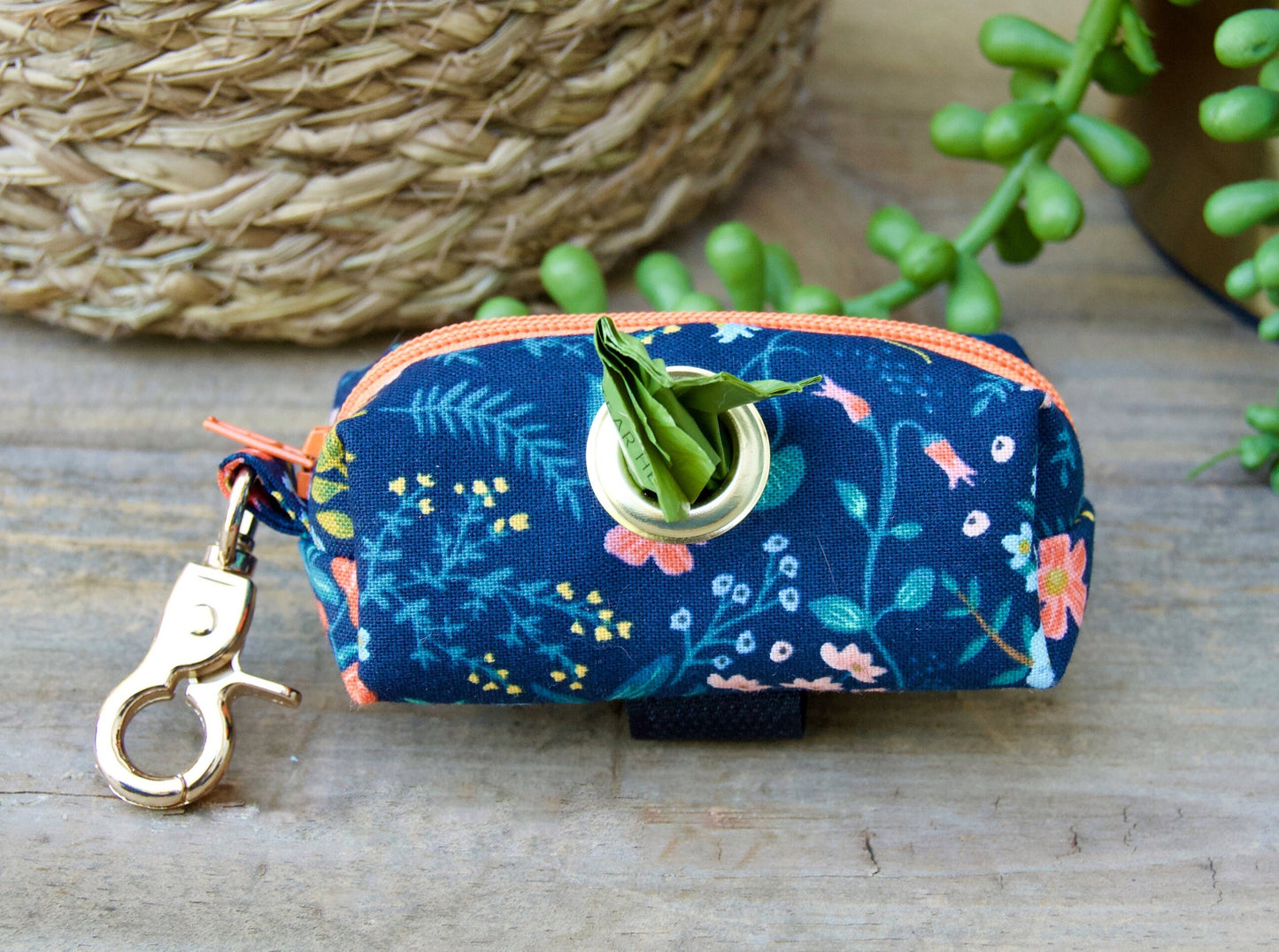 WILLOW: Navy and Orange Floral Dog Poop Bag Holder