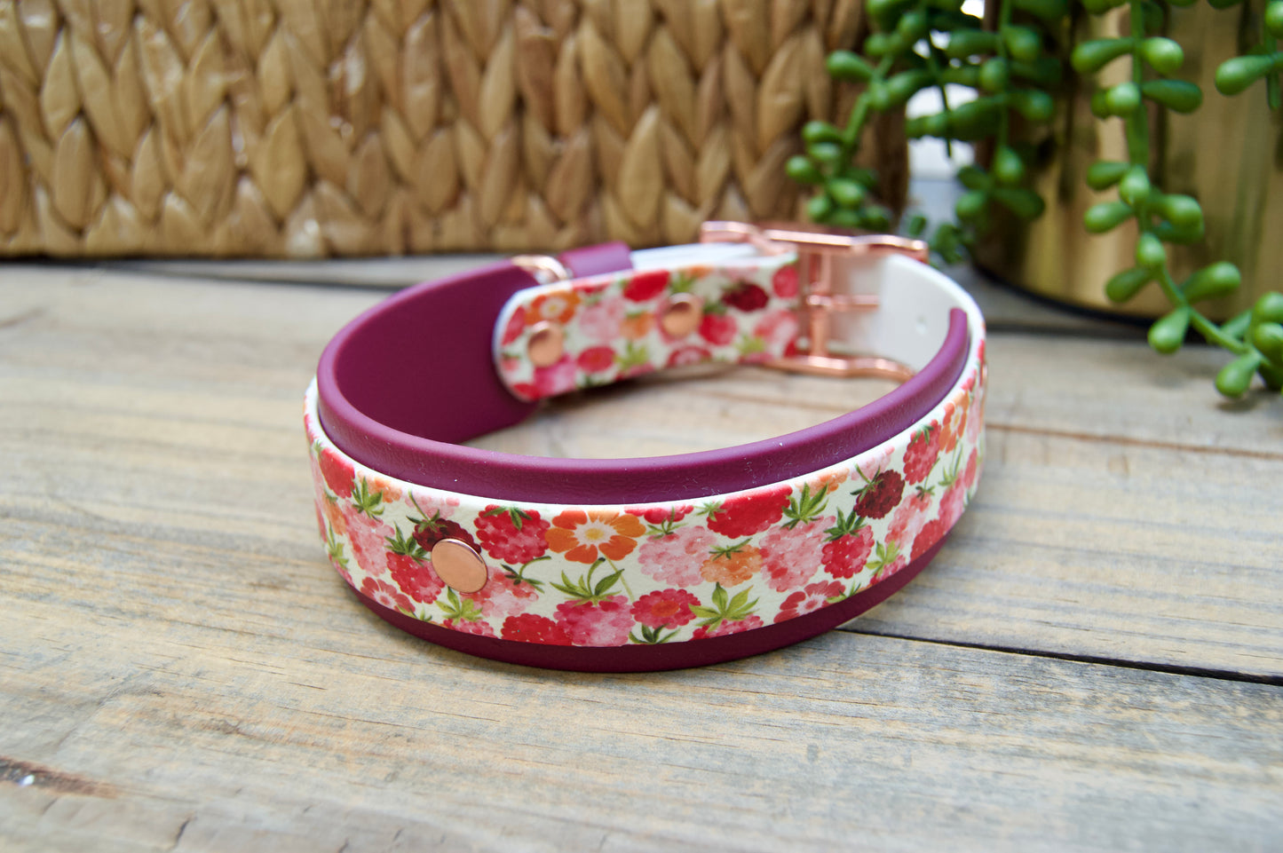 raspberry patterned dog collar with a burgundy accents on a wooden surface