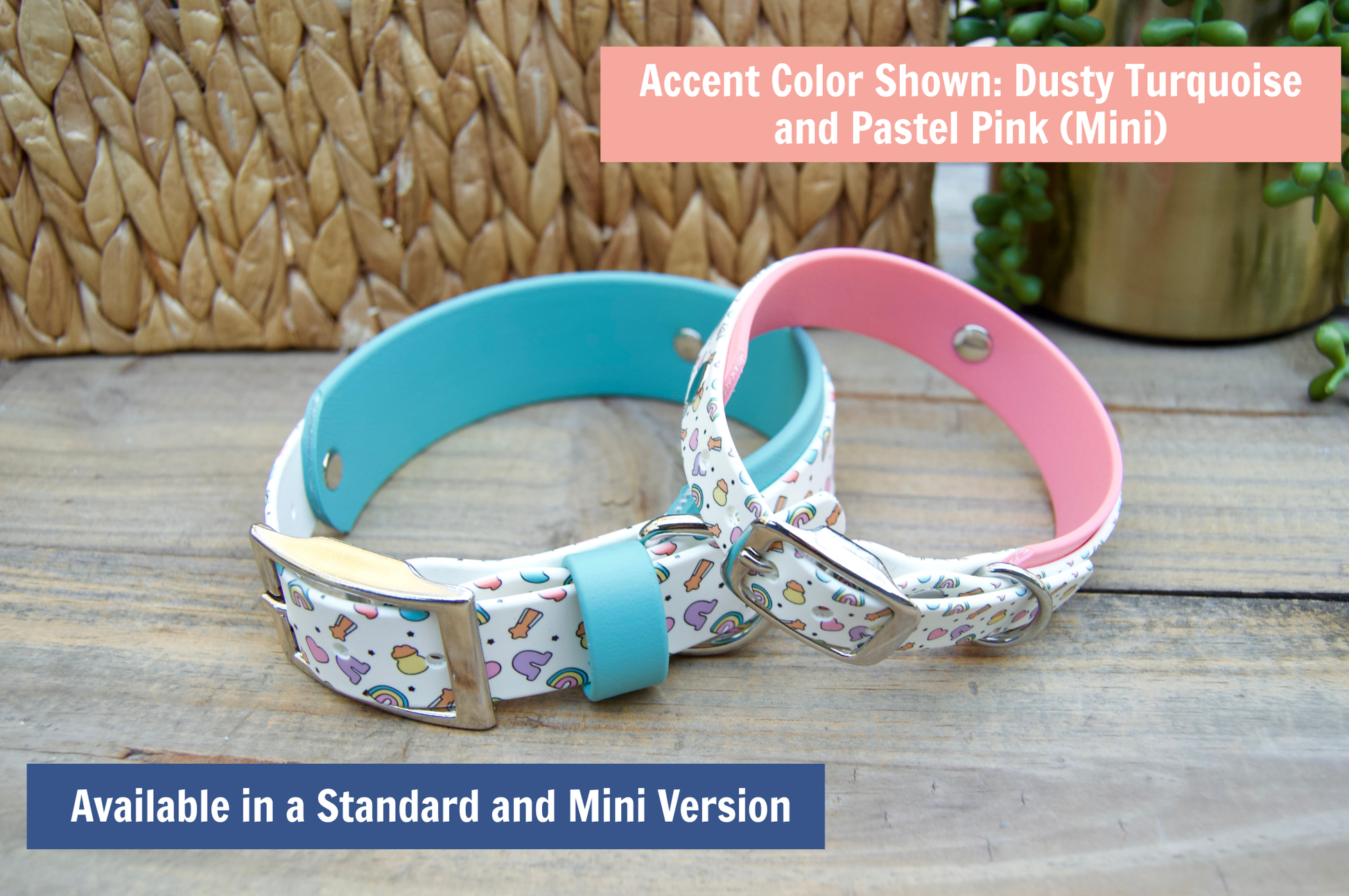 Two dog collars, one Dusty Turquoise and one Pastel Pink with patterned Lucky Charm Bands, on a wooden surface.