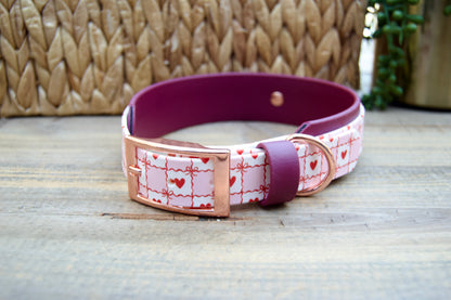 Biothane Dog collar with heart pattern and Burgundy accents on a wooden surface