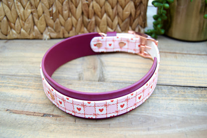 Pink and White BIothane dog collar with heart pattern on a wooden surface