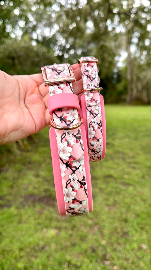 Pink dog collar with floral pattern held in front of a blurred green outdoor background