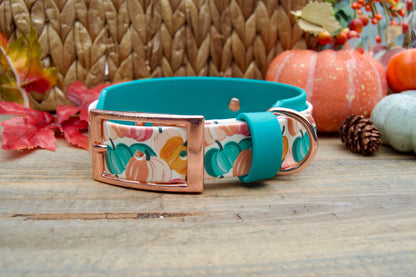 Dog collar with pumpkin pattern on a wooden surface with autumn decorations.