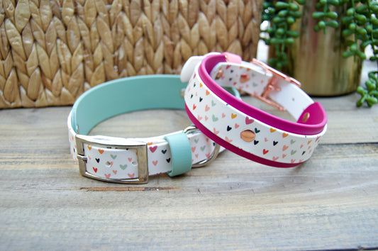 Two biothane dog collars with small heart pattern on a wooden surface