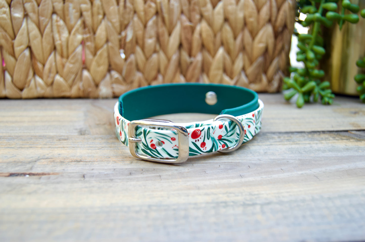 Winter Holly: Mini Printed Double Layer Biothane Dog Collar