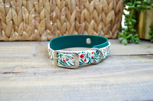Winter Holly: Mini Printed Double Layer Biothane Dog Collar