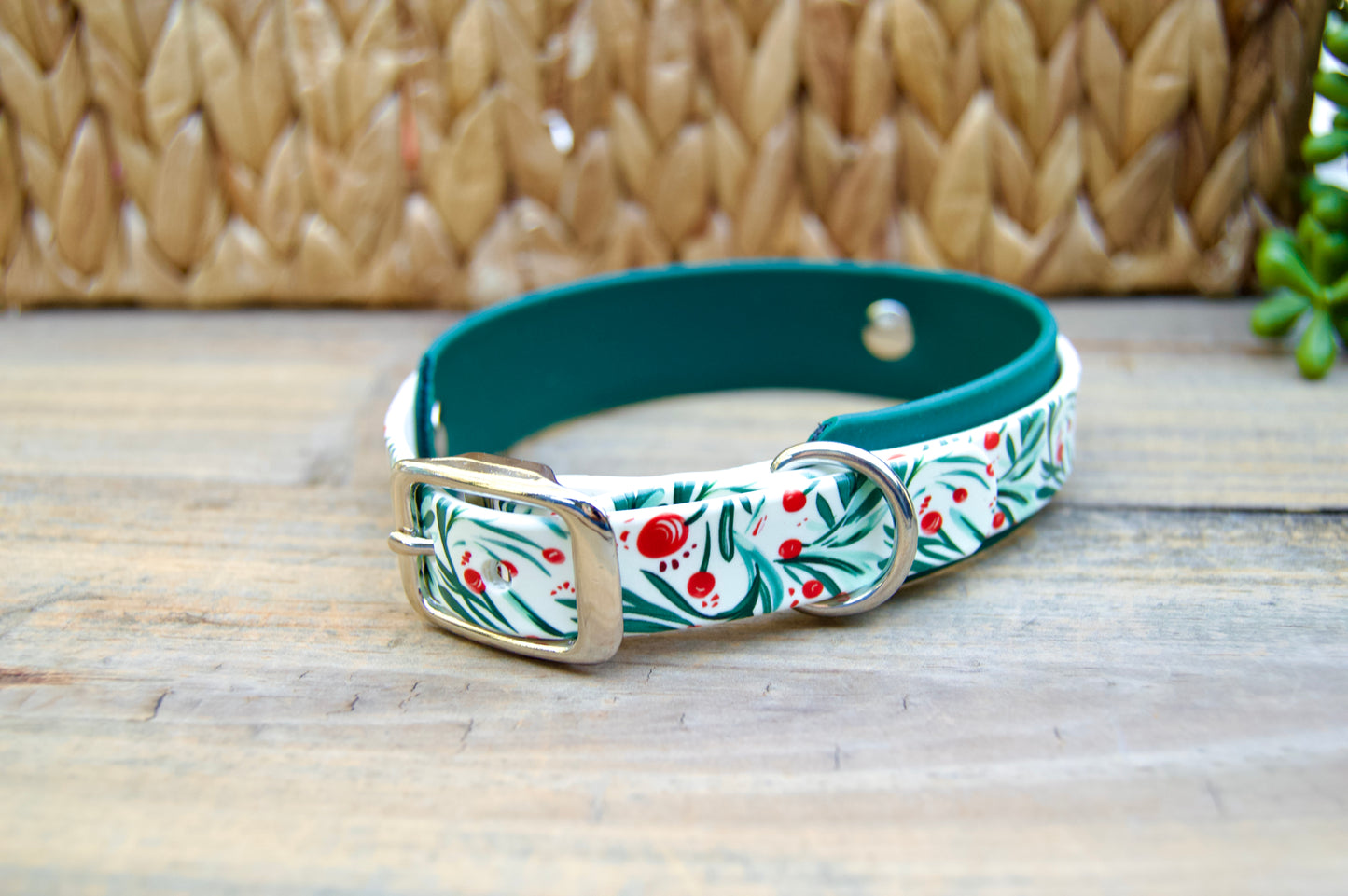 Winter Holly: Mini Printed Double Layer Biothane Dog Collar