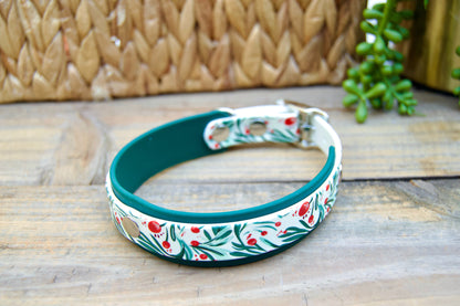 Winter Holly: Mini Printed Double Layer Biothane Dog Collar