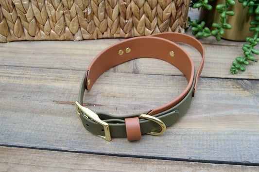 RTS 16.5-19.5 INCH Olive Green and Caramel Sport Handle Biothane Dog Collar