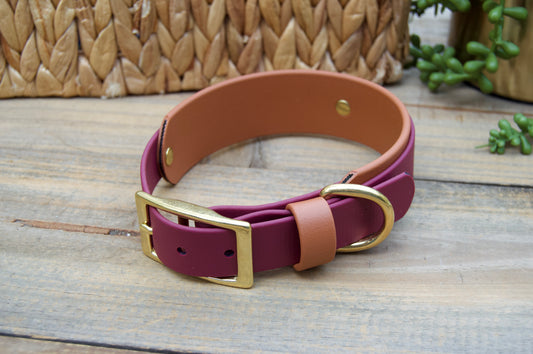 RTS 13-16 INCH Burgundy and Caramel Double Layer Biothane Dog Collar