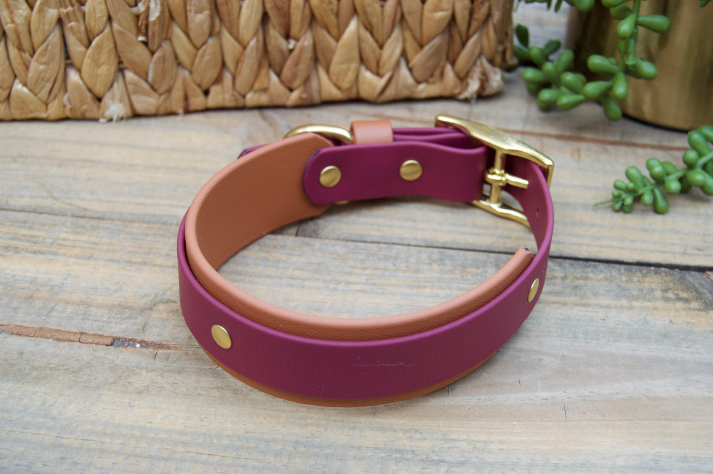 RTS 13-16 INCH Burgundy and Caramel Double Layer Biothane Dog Collar