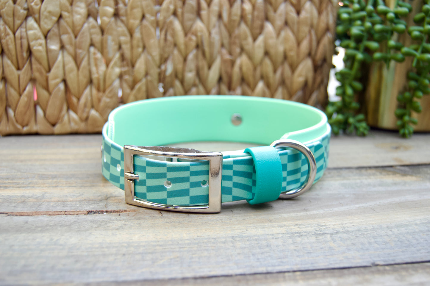 Closeout: Teal and Mint Green Wavy Checker Printed Double Layer Biothane Dog Collar