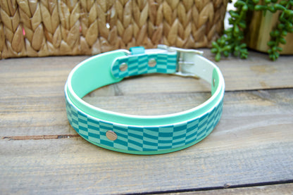 Closeout: Teal and Mint Green Wavy Checker Printed Double Layer Biothane Dog Collar
