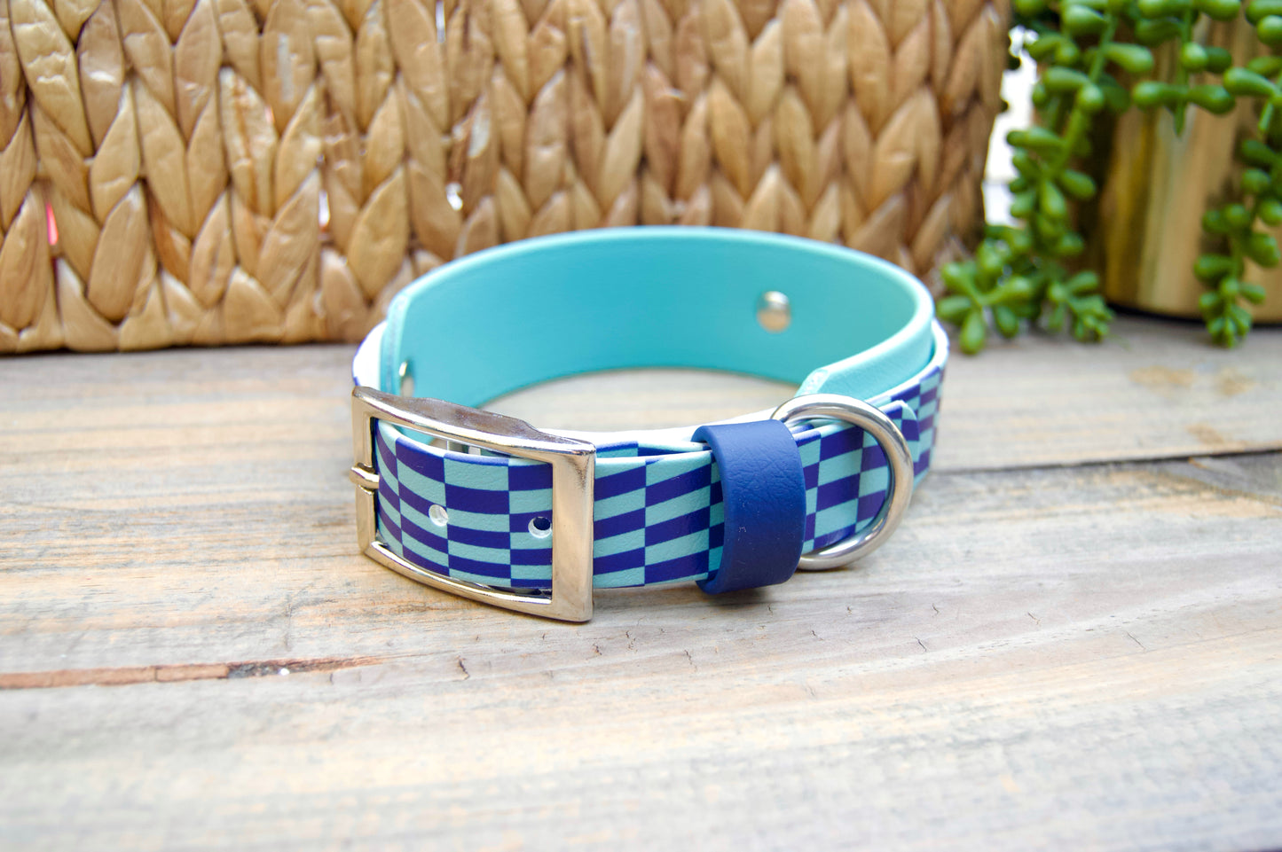 Closeout: Navy and Dusty Turquoise Wavy Checker Printed Double Layer Biothane Dog Collar