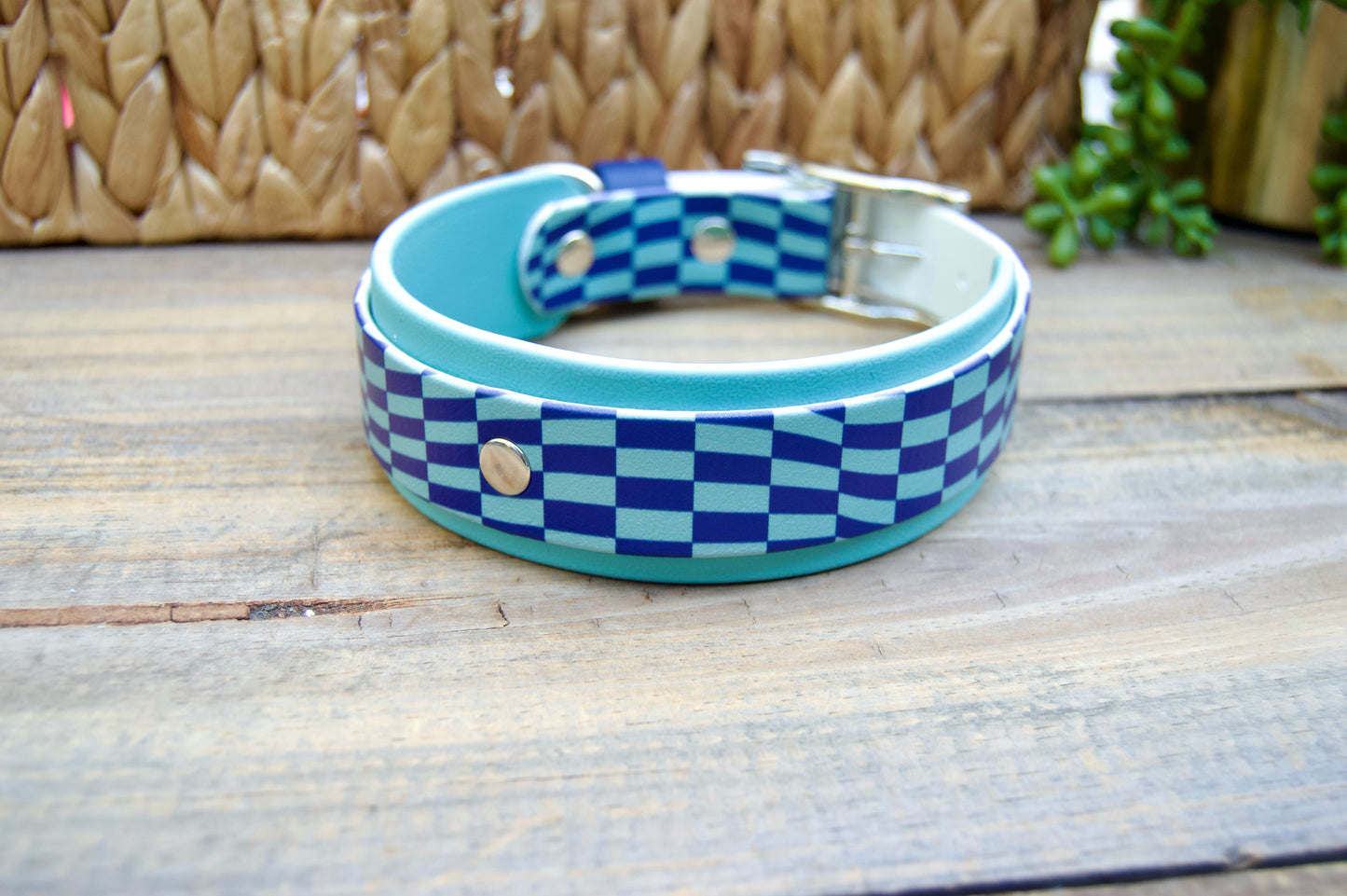 Closeout: Navy and Dusty Turquoise Wavy Checker Printed Double Layer Biothane Dog Collar