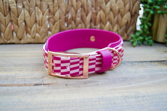 Closeout: Magenta and Pastel Pink Wavy Checker Printed Double Layer Biothane Dog Collar