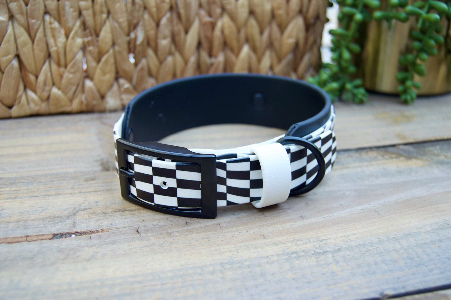 Closeout: Black and White Wavy Checker Printed Double Layer Biothane Dog Collar