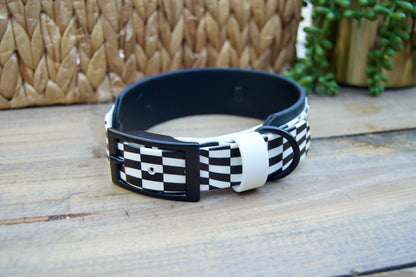 Closeout: Black and White Wavy Checker Printed Double Layer Biothane Dog Collar