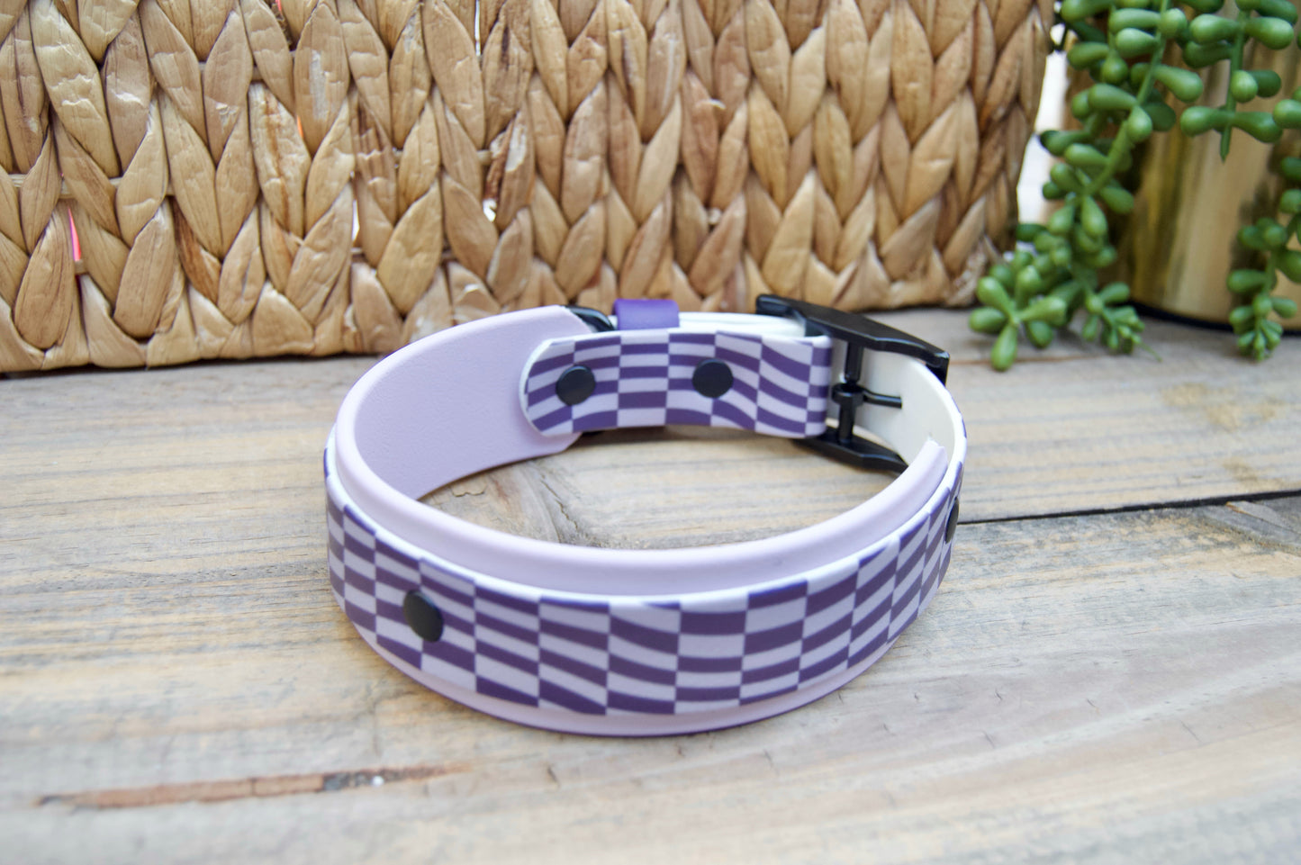 Closeout: Purple and Lilac Wavy Checker Printed Double Layer Biothane Dog Collar