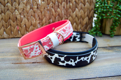 Closeout: Black and Pink Cow Printed Double Layer Biothane Dog Collar