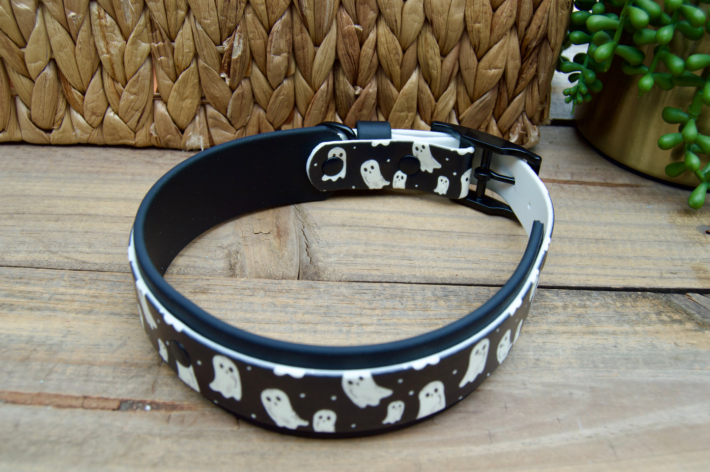 Black and White Ghosts: Halloween Printed Double Layer Biothane Dog Collar