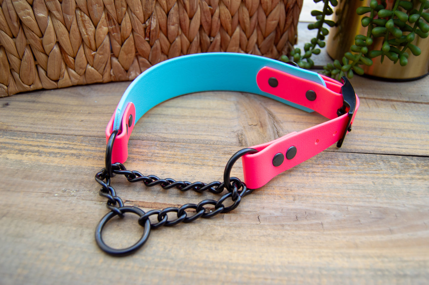 RTS: 18.5-21 Inches Hot Pink and Baby Blue Adjustable Chain Martingale Biothane Dog Collar