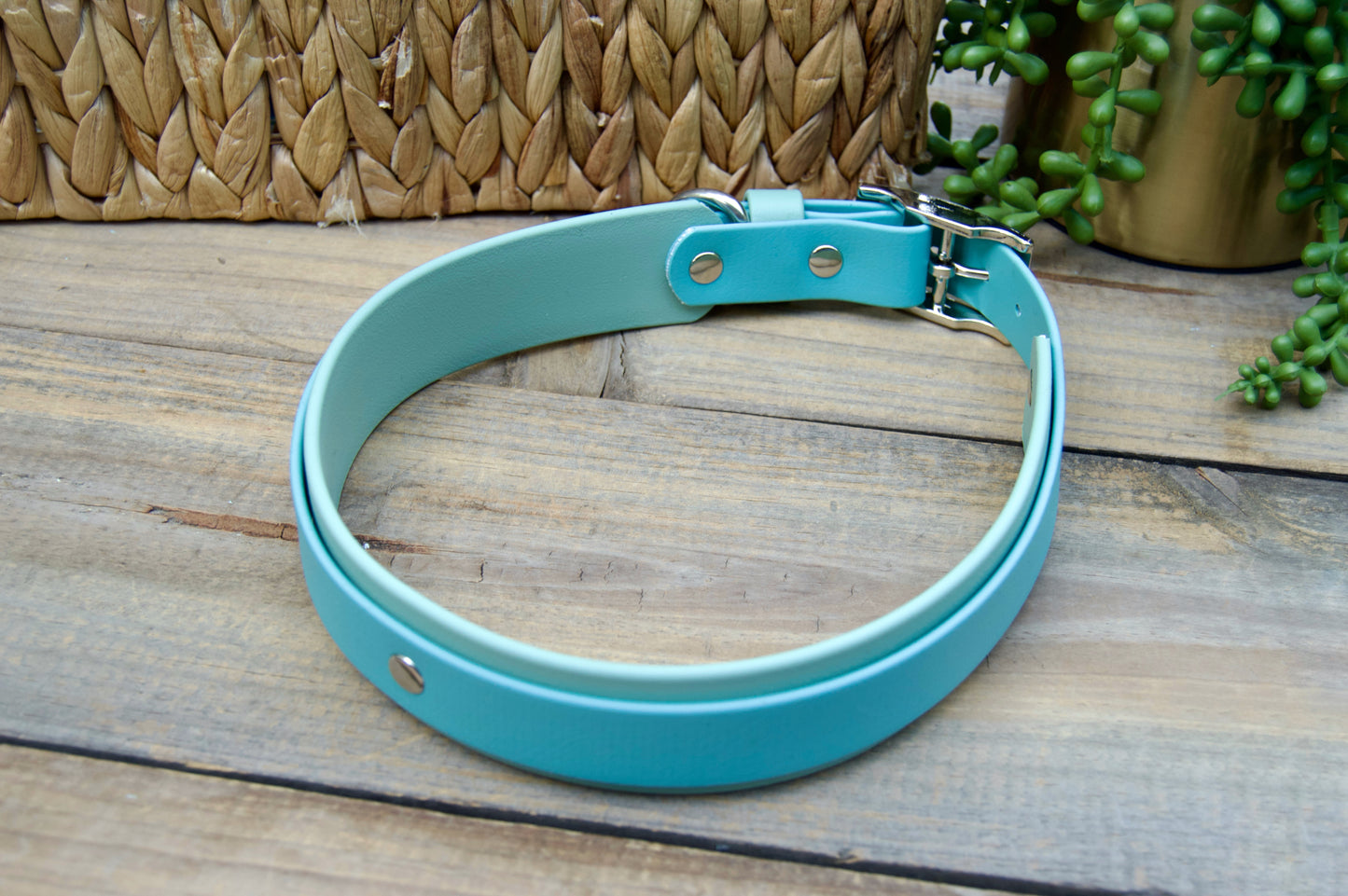 RTS 20-23 INCH Dusty Turquoise and Sage Green Double Layer Biothane Dog Collar