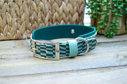 Closeout: Sage and Emerald Green Wavy Checker Printed Double Layer Biothane Dog Collar