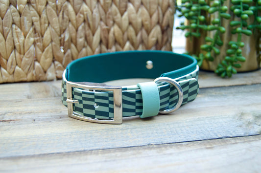 Closeout: Sage and Emerald Green Wavy Checker Printed Double Layer Biothane Dog Collar